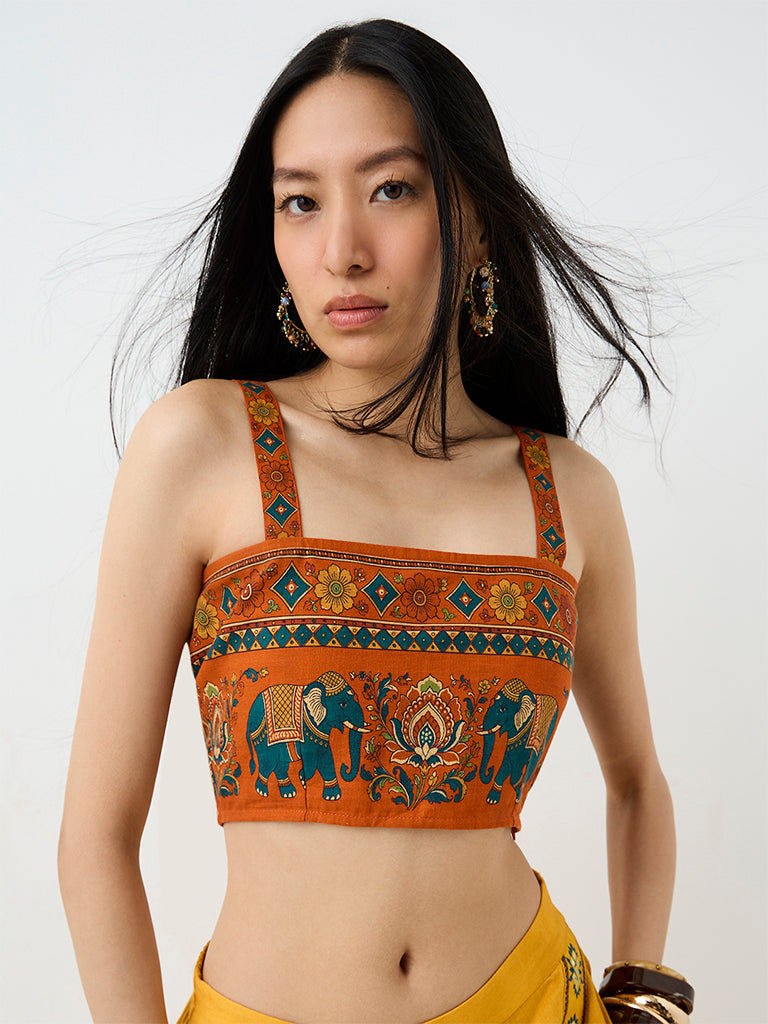 Bombay Paisley Dark Orange Printed Cotton Crop Top