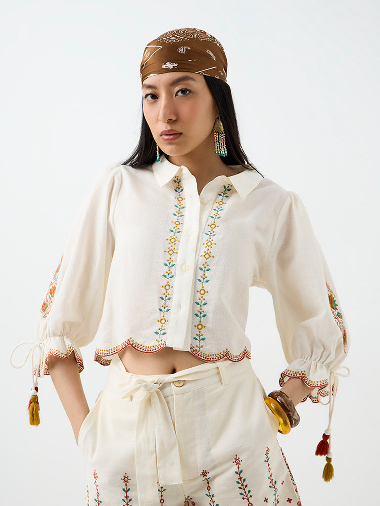 Bombay Paisley Off-White Floral Embroidered Cotton Blouse