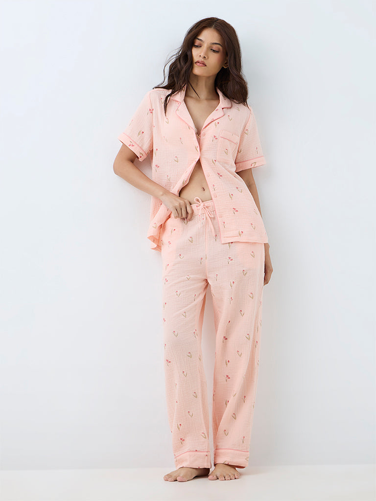 Wunderlove Peach Floral Design Shirt and Pyjama Sets