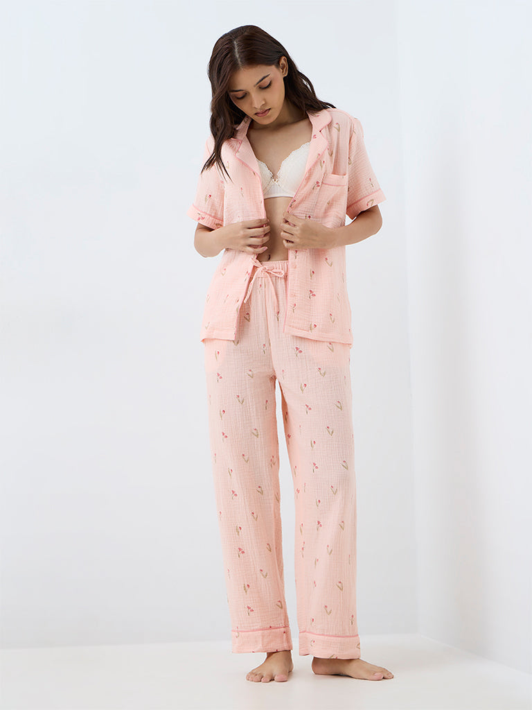 Wunderlove Peach Floral Design Shirt and Pyjama Sets