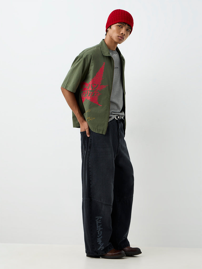 Nuon Charcoal Japanese Printed Baggy-Fit Mid-Rise Jeans
