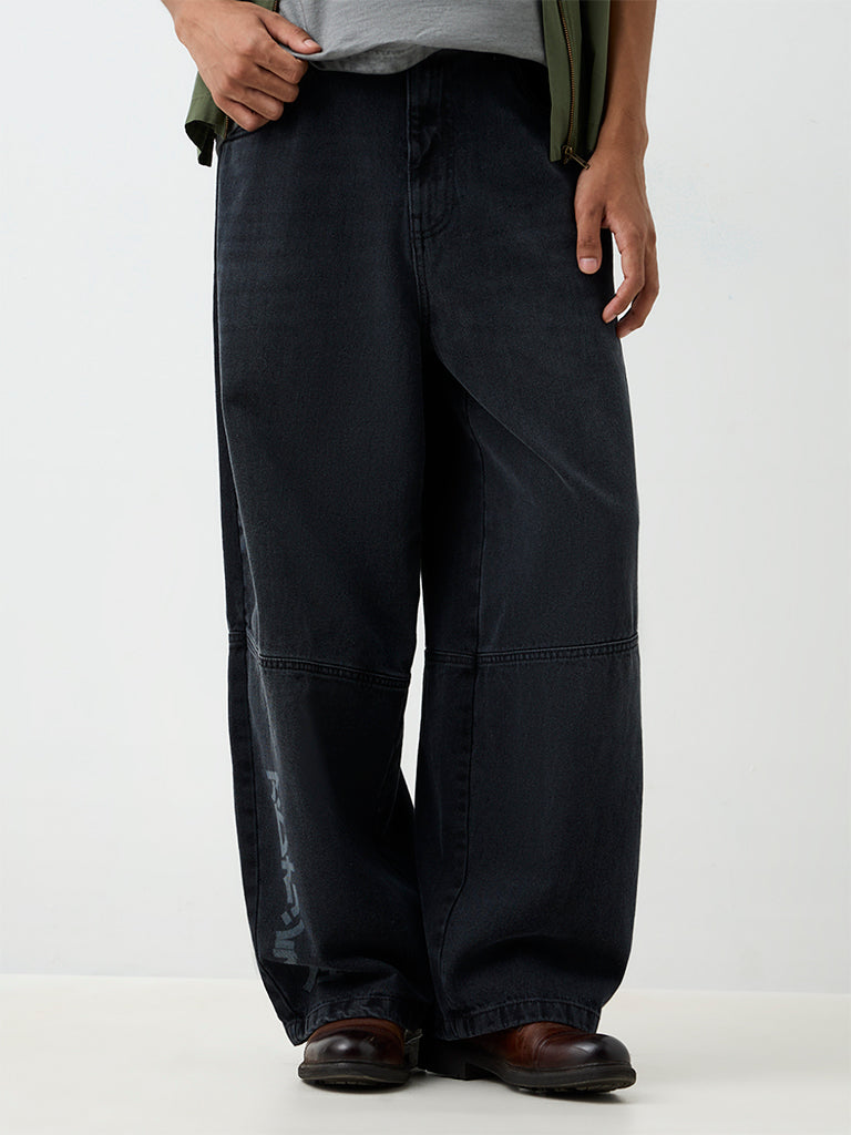 Nuon Charcoal Japanese Printed Baggy-Fit Mid-Rise Jeans