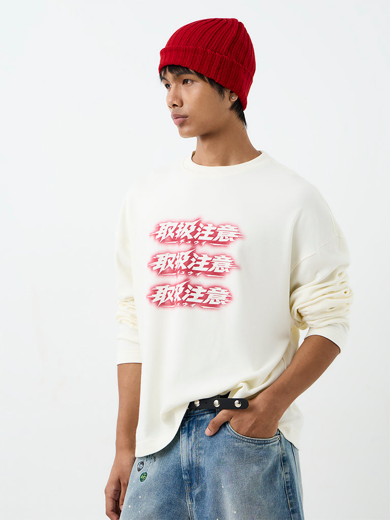 Nuon Cream Japanese-Theme Oversized Cotton Sweatshirt