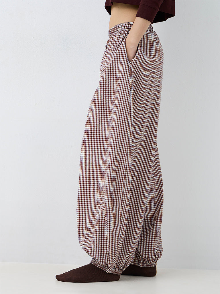 Superstar Brown Checkered High-Rise Balloon Pants