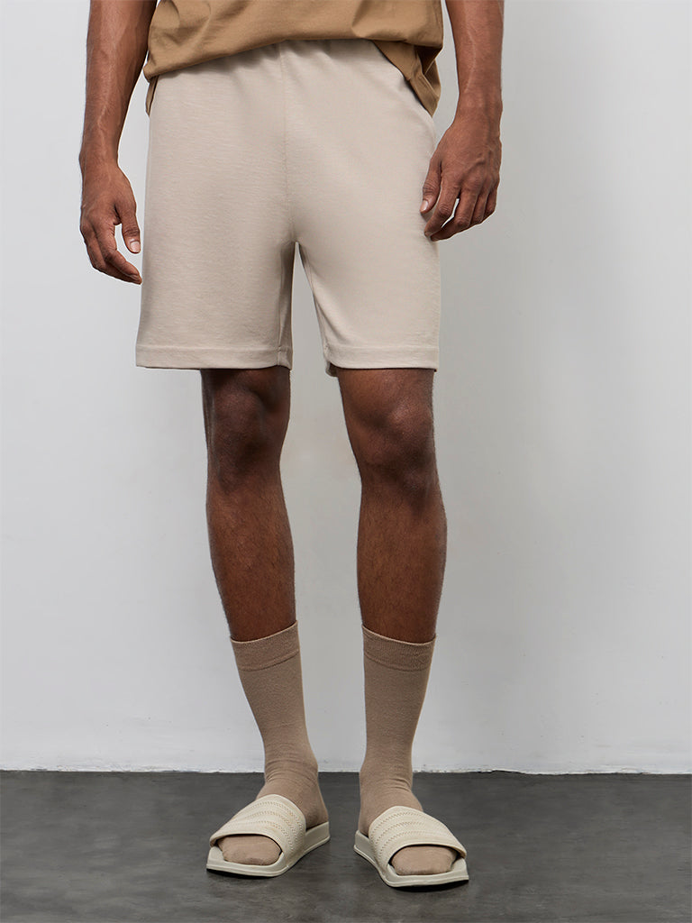WES Lounge Beige Relaxed-Fit Mid-Rise Cotton-Blend Shorts