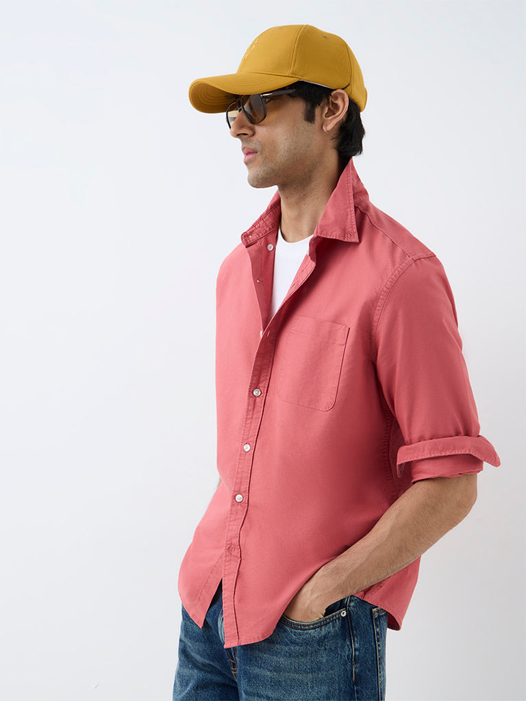 WES Casuals Coral Solid Relaxed-Fit Cotton Shirt