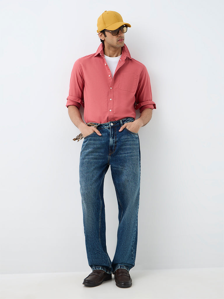 WES Casuals Coral Solid Relaxed-Fit Cotton Shirt