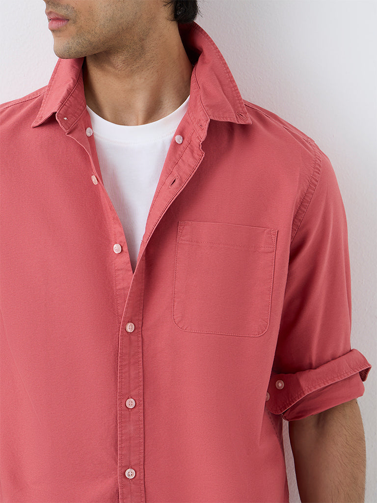 WES Casuals Coral Solid Relaxed-Fit Cotton Shirt
