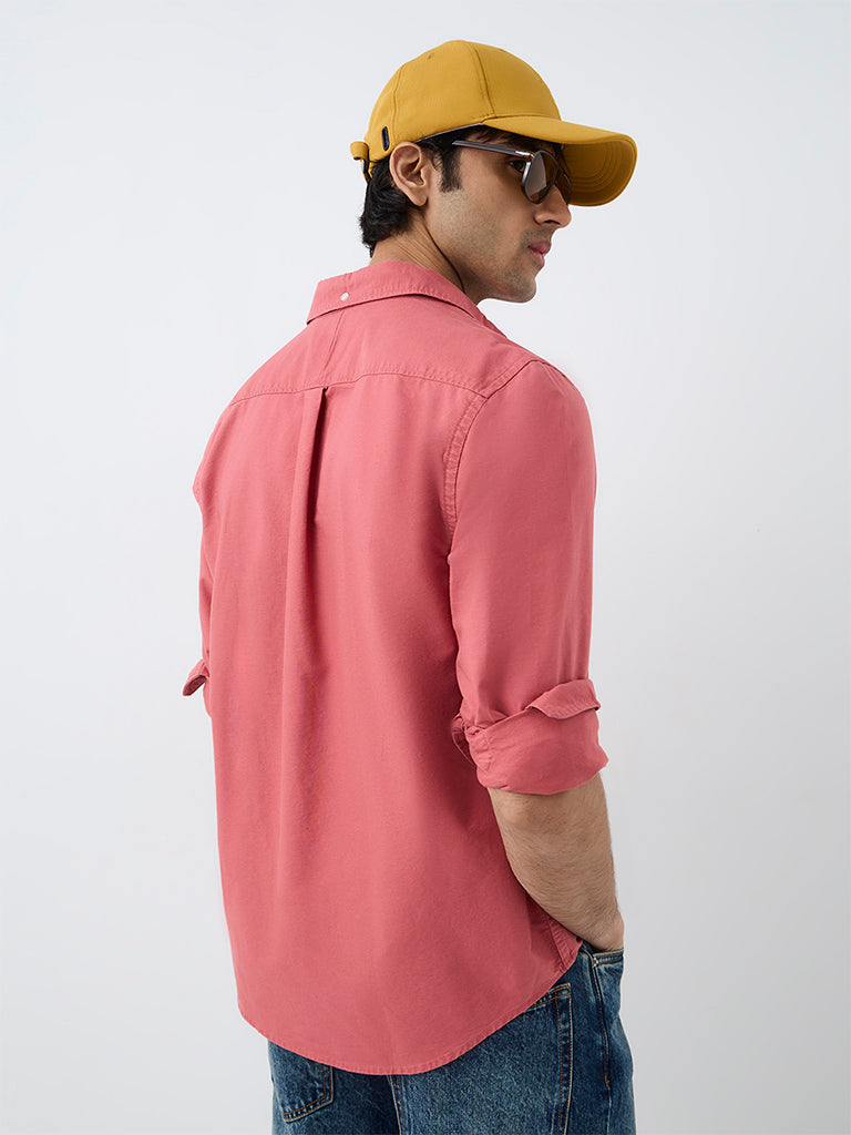 WES Casuals Coral Solid Relaxed-Fit Cotton Shirt