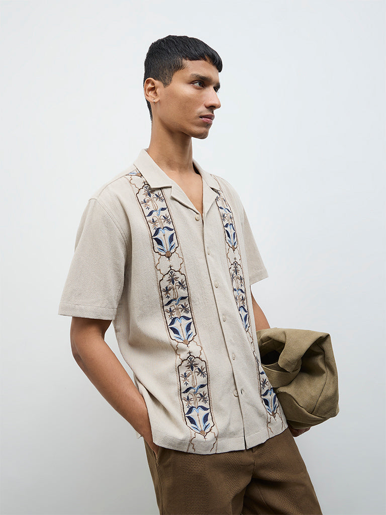 ETA Taupe Floral Embroidered Relaxed-Fit Cotton Shirt