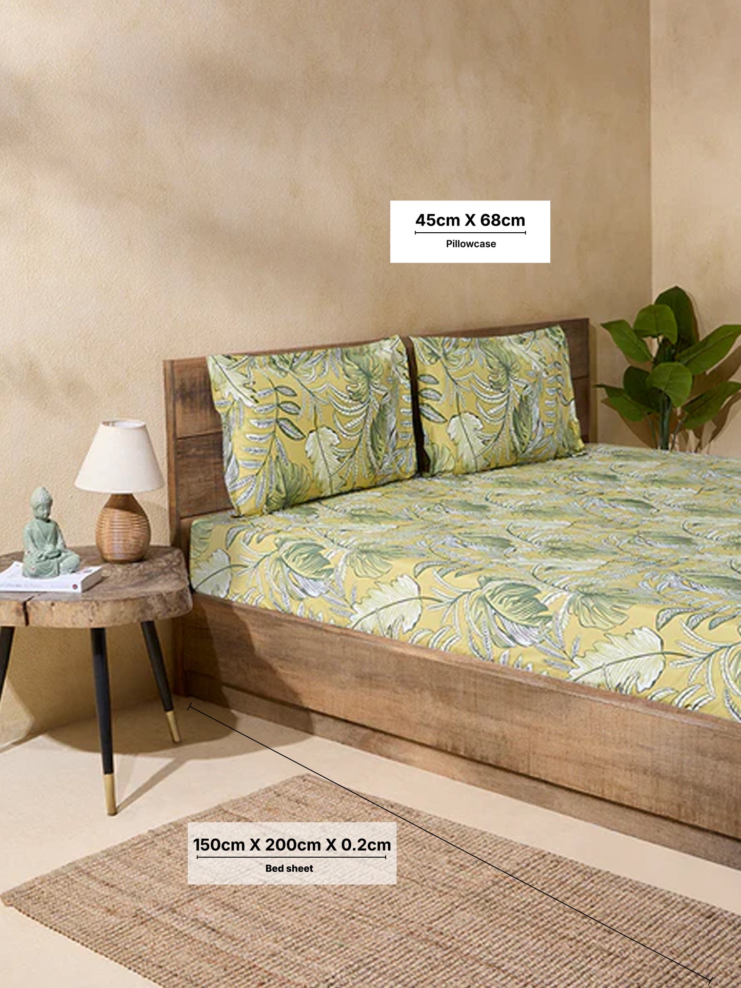 Westside Home Yellow Printed Queen Bed Fitted Sheet and Pillowcase Set