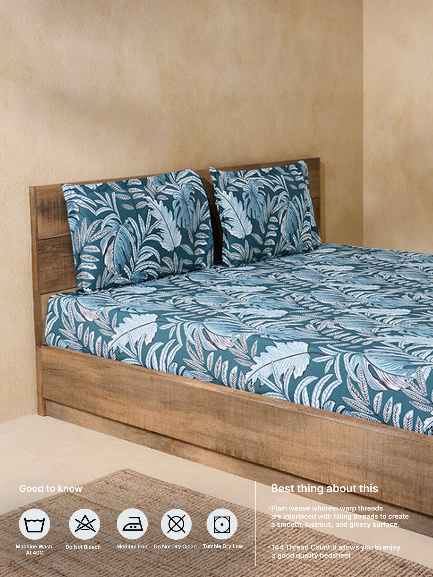 Westside Home Teal Leaf Design Queen Bed Flat Sheet and Pillowcase Set