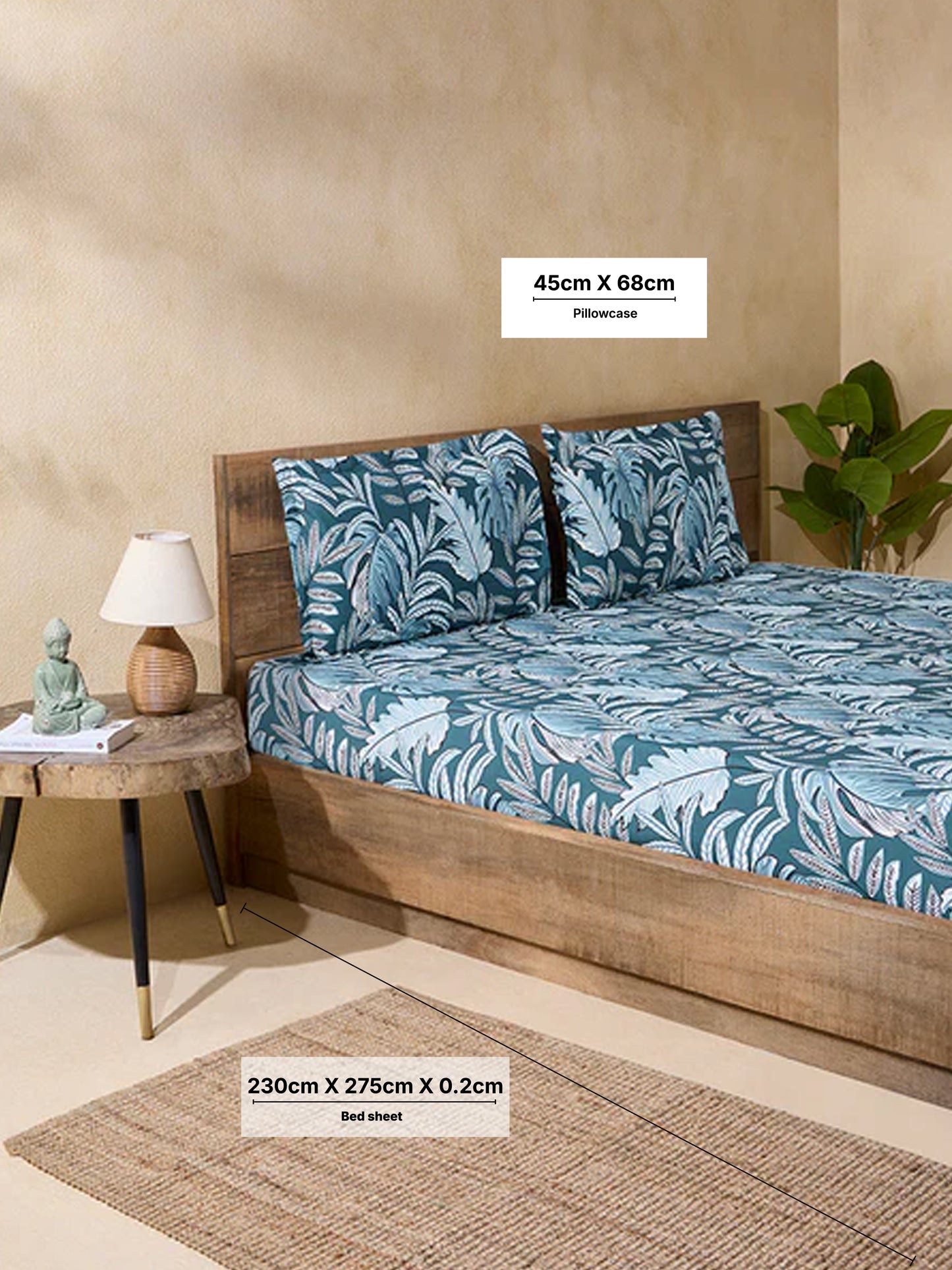 Westside Home Teal Leaf Design Queen Bed Flat Sheet and Pillowcase Set
