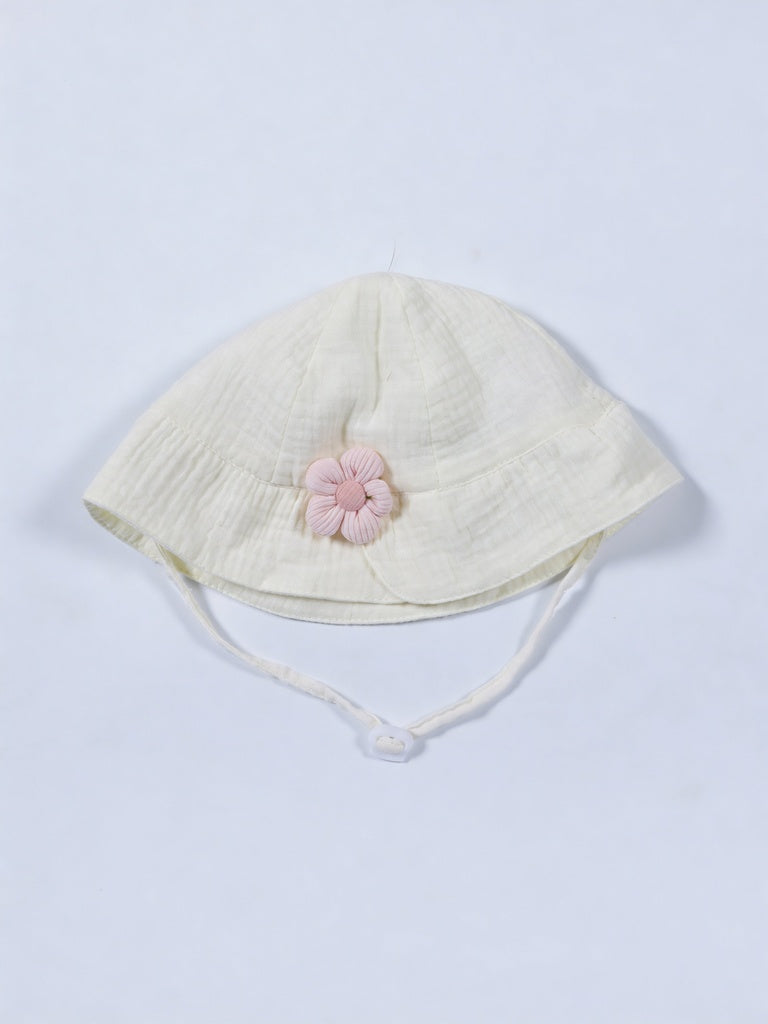 HOP Kids Girls Off White Textured Cotton Muslin Chin Strap Bucket Hat