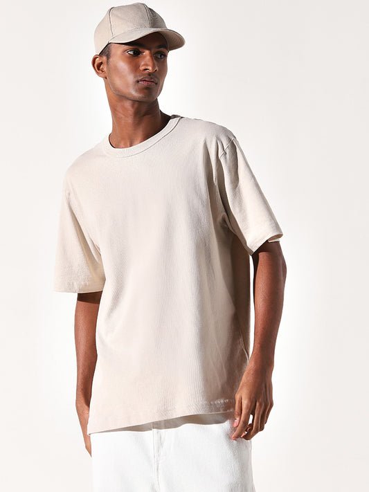 WES Casuals Beige Solid Cotton Relaxed Fit T-Shirt