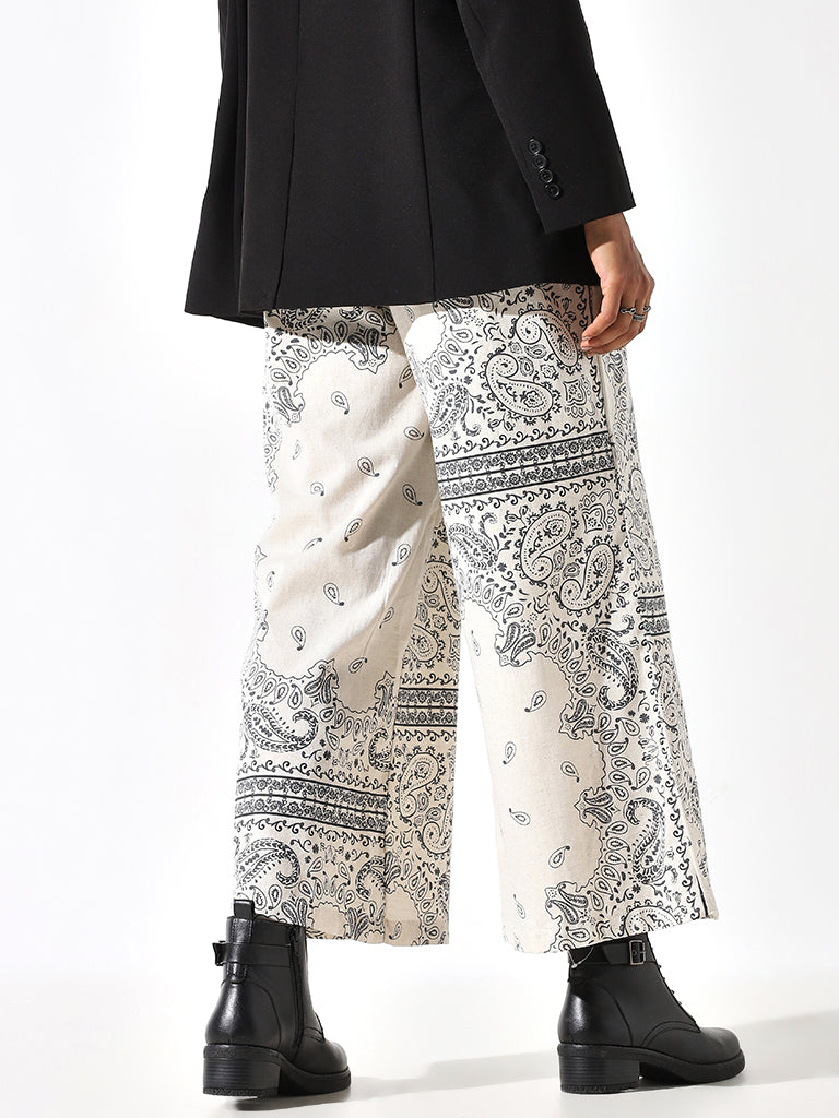 Bombay Paisley Off-White Paisley Print Flared Mid Rise Cotton Pants