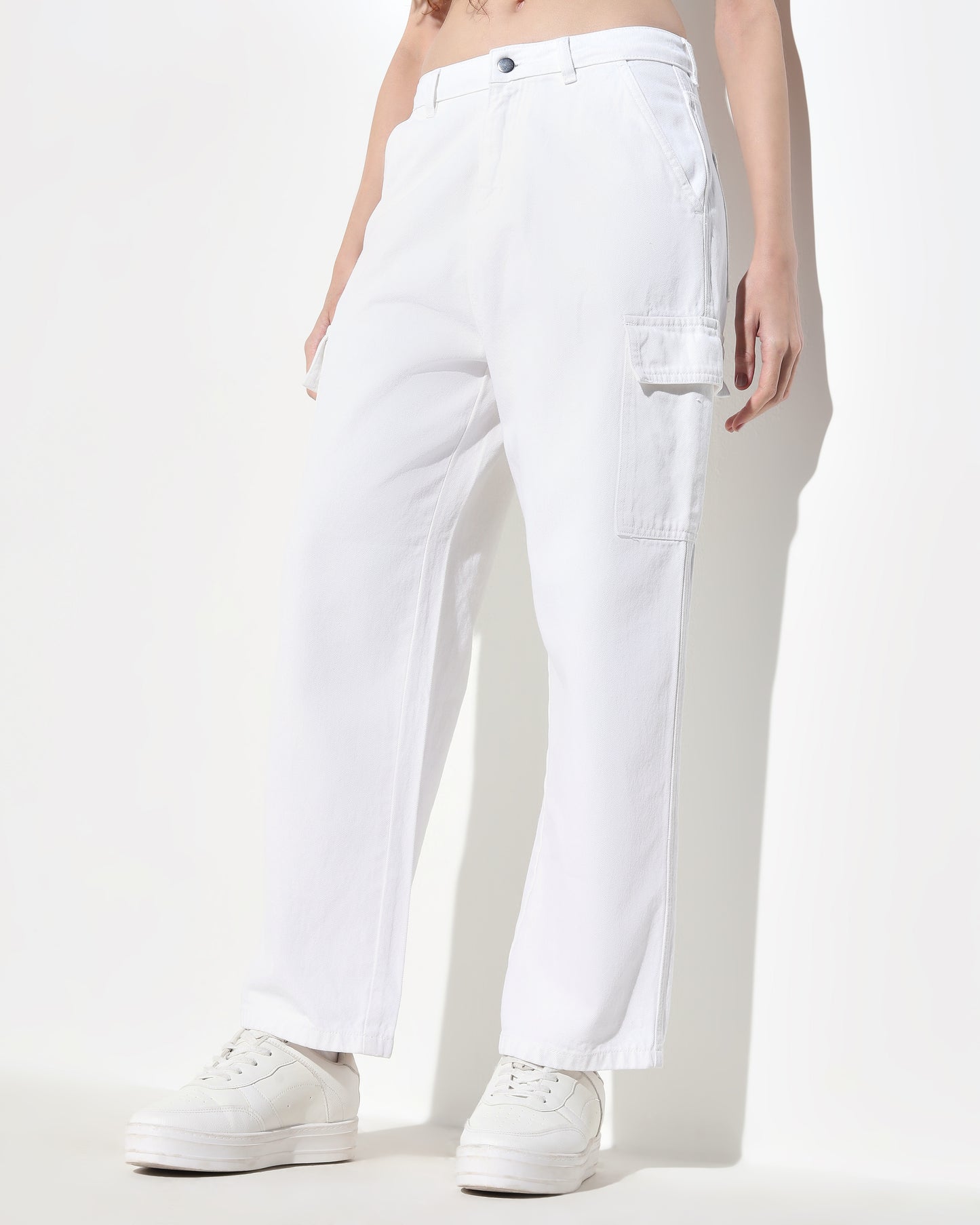 Nuon White Straight Fit High Rise Cargo Jeans