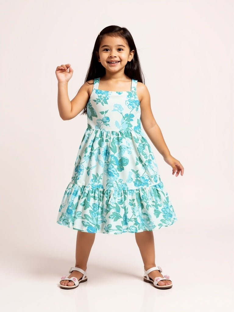 Utsa Kids Aqua Floral Pattern Cotton-Blend Tiered Dress - (2-8yrs)