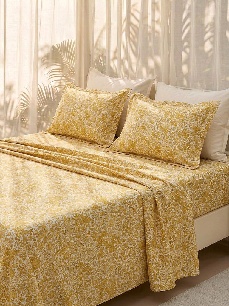 Westside Home Yellow Floral Pattern Queen Bed Sheet Set