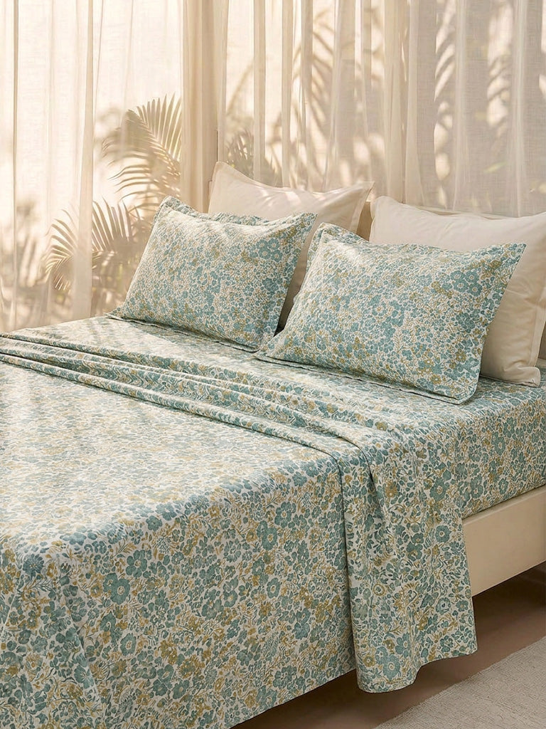 Westside Home Dusty Blue Floral Printed King Bed Sheet Set