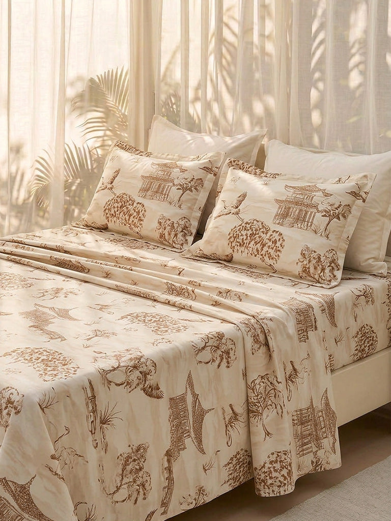 Westside Home Brown Toile Pattern Queen Bed Sheet Set
