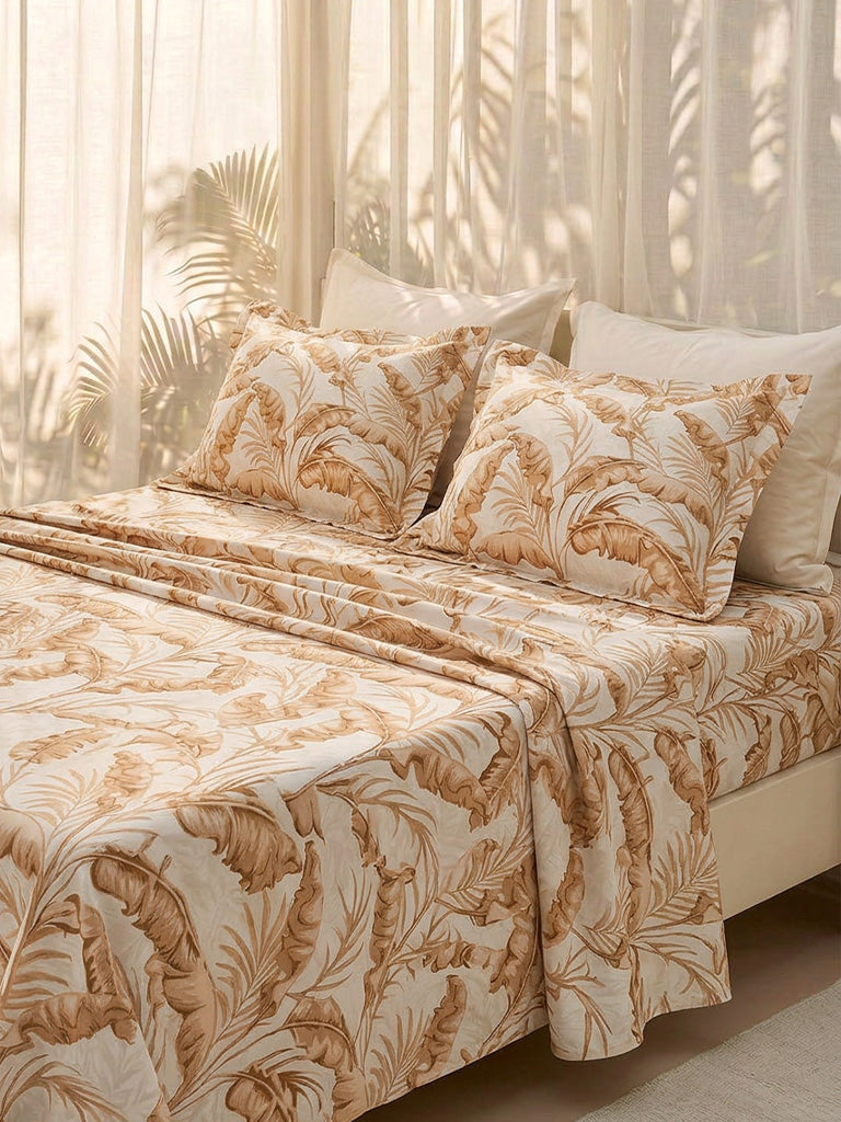 Westside Home Brown Leaf Printed King Bed Sheet Set