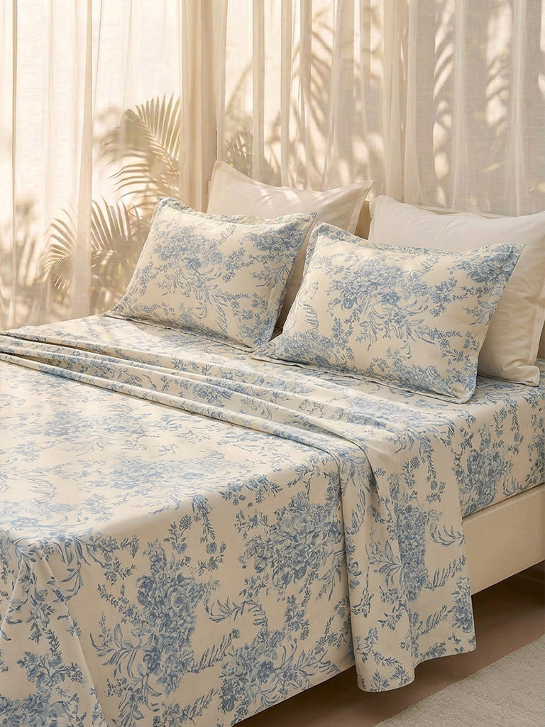 Westside Home Dusty Blue Floral Design King Bed Sheet Set