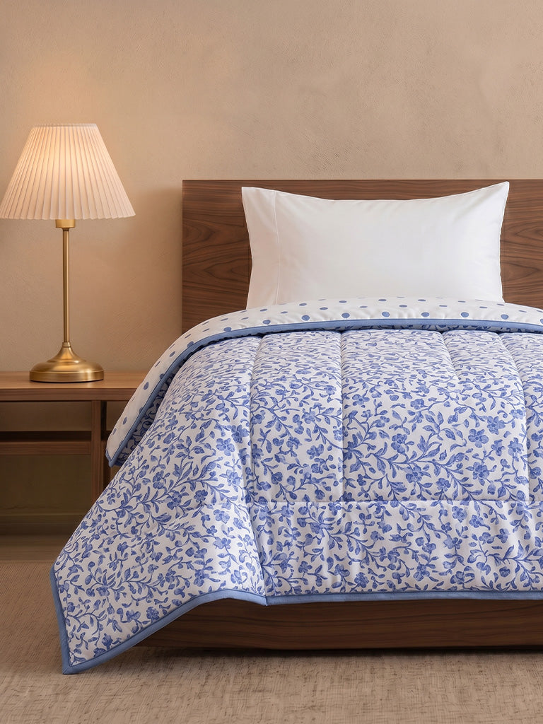 Westside Home Dusty Blue Floral Reversible Quilted Single Bed Comforter
