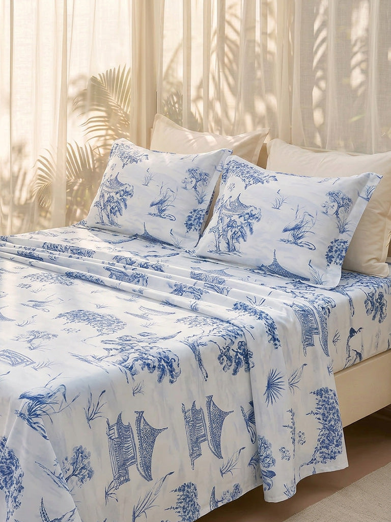 Westside Home Dusty Blue Toile Printed Queen Bed Sheet Set