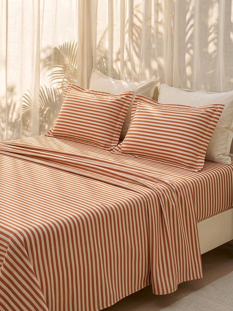Westside Home Orange Stripe Printed King Bed Sheet Set