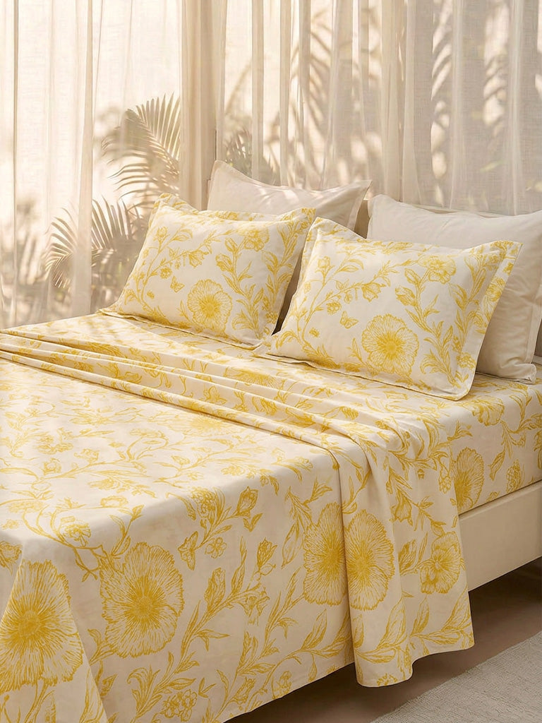 Westside Home Yellow Floral Printed King Bed Sheet Set
