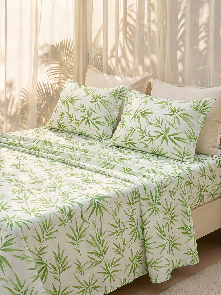 Westside Home Green Bamboo Leaf Printed Double Bed Sheet Set