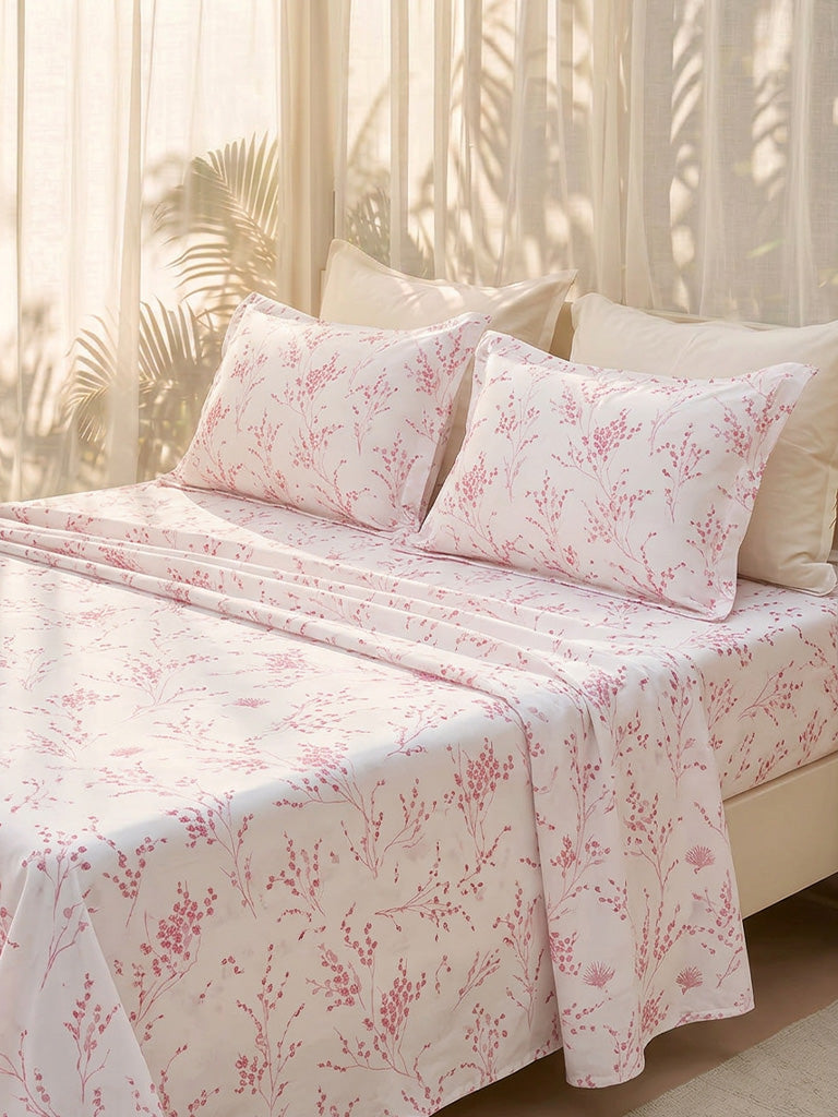 Westside Home Pink Botanical Printed Double Bed Sheet Set
