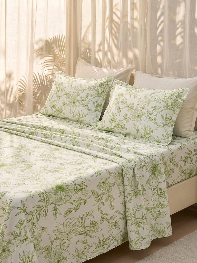 Westside Home Green Floral Pattern Double Bed Sheet Set