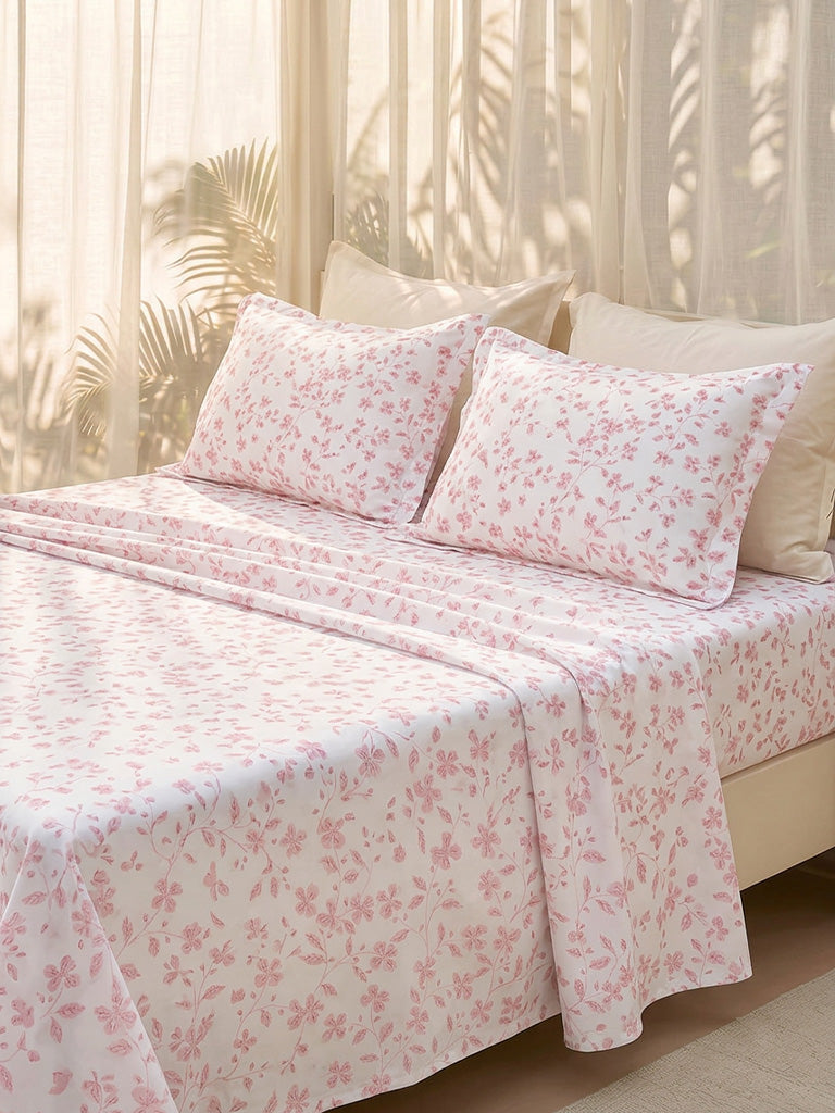 Westside Home Pink Floral Printed Double Bed Sheet Set
