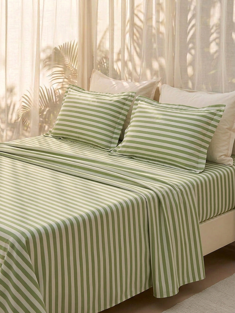 Westside Home Green Striped Double Bed Sheet Set