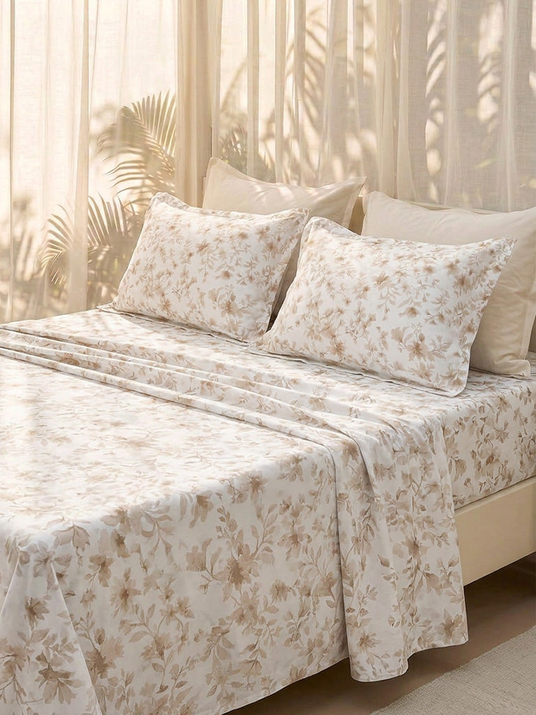 Westside Home Taupe Floral Printed Queen Bed Sheet Set