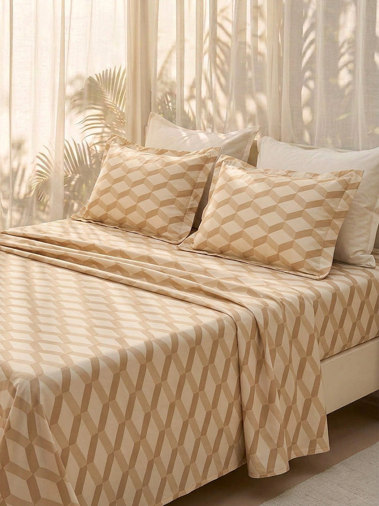 Westside Home Beige Rhombus Printed Fitted King Bed Sheet Set