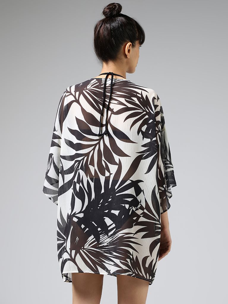 Wunderlove Black and White Tropical Printed Swimwear Cotton Cover-Up Dress