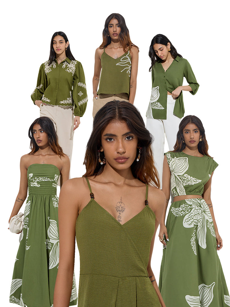 LOV Green Botanical Design Cotton A-Line Dress