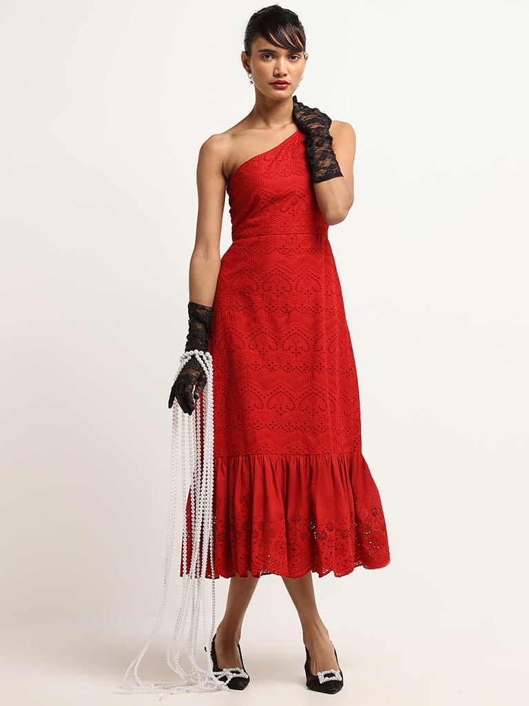 LOV Red Cotton Schiffli Dress