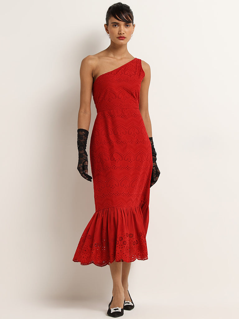 LOV Red Cotton Schiffli Dress