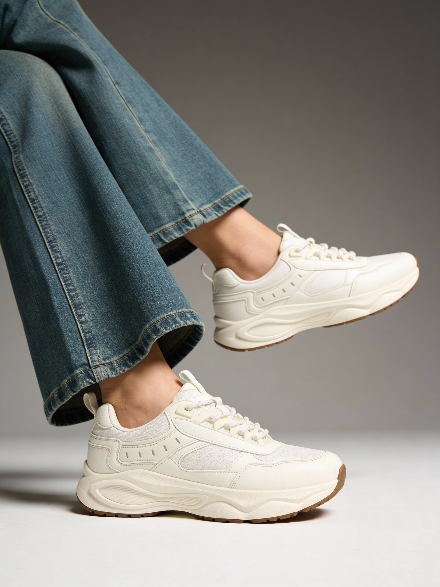 LUNA BLU White Mesh-Detailed Lace-Up Sneakers