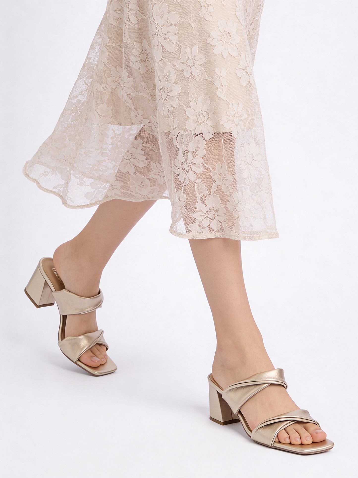 LUNA BLU Rose Gold Ruched Block-Heel Sandals