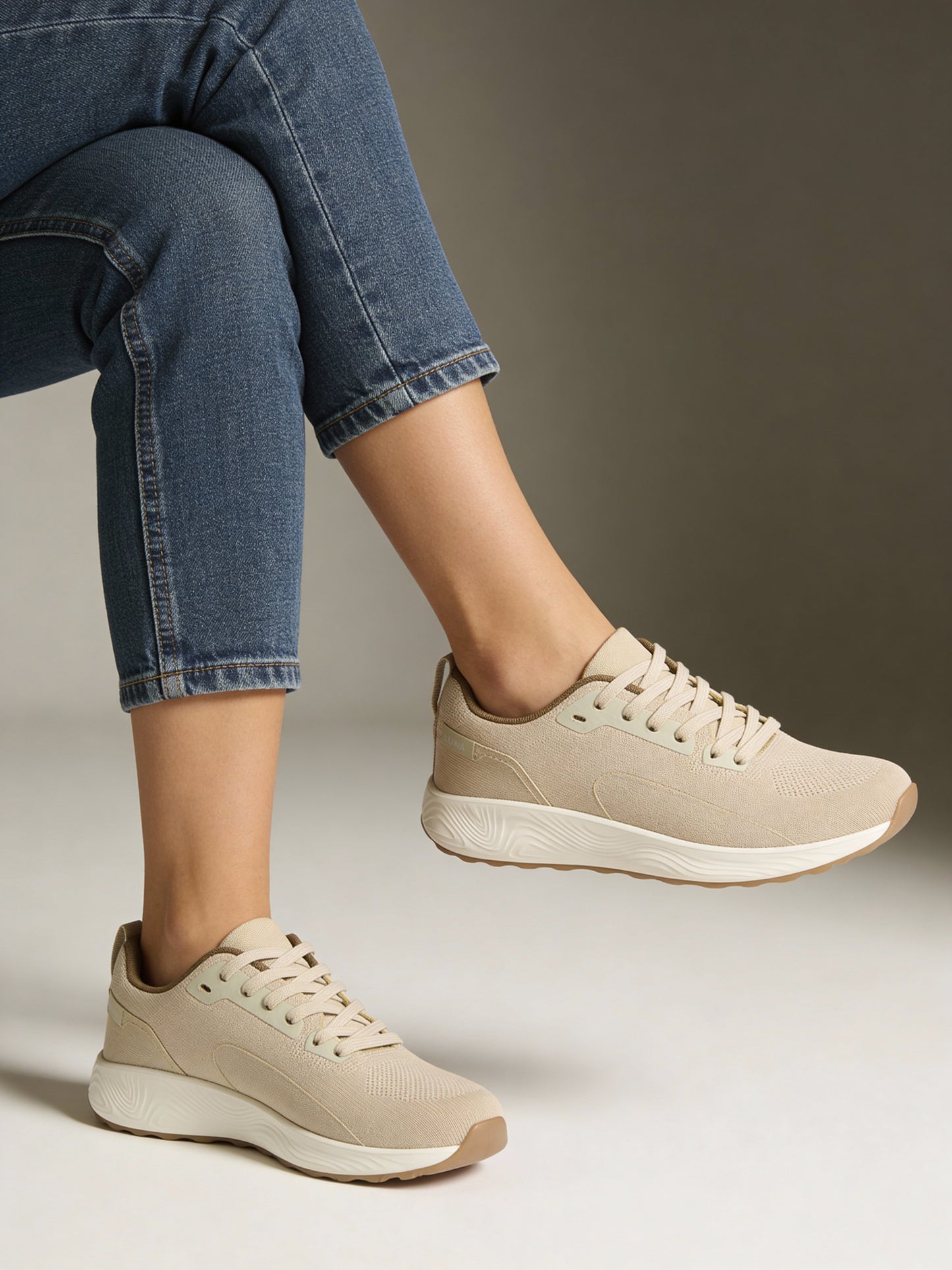 LUNA BLU Beige Knit-Textured Lace-Up Sneakers