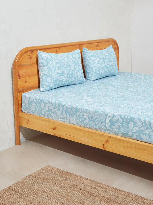 Westside Home Aqua Leaf Design Double Bed Flat Sheet and Pillowcase Set