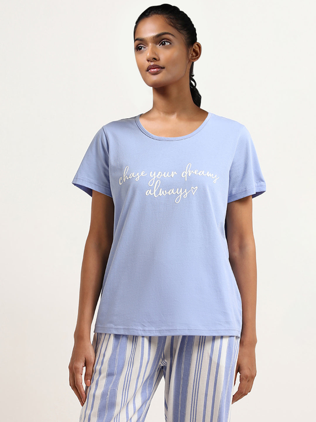 Wunderlove Blue Contrast Print Cotton T-Shirt