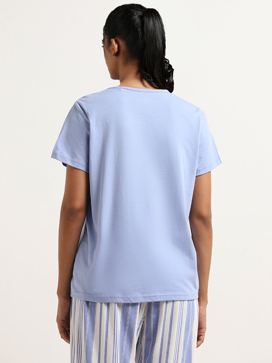 Wunderlove Blue Contrast Print Cotton T-Shirt