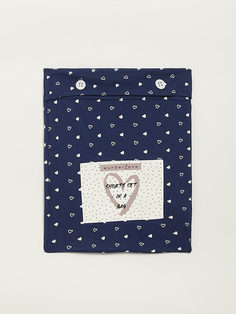 Wunderlove Navy Heart Printed Shorts Set In A Bag