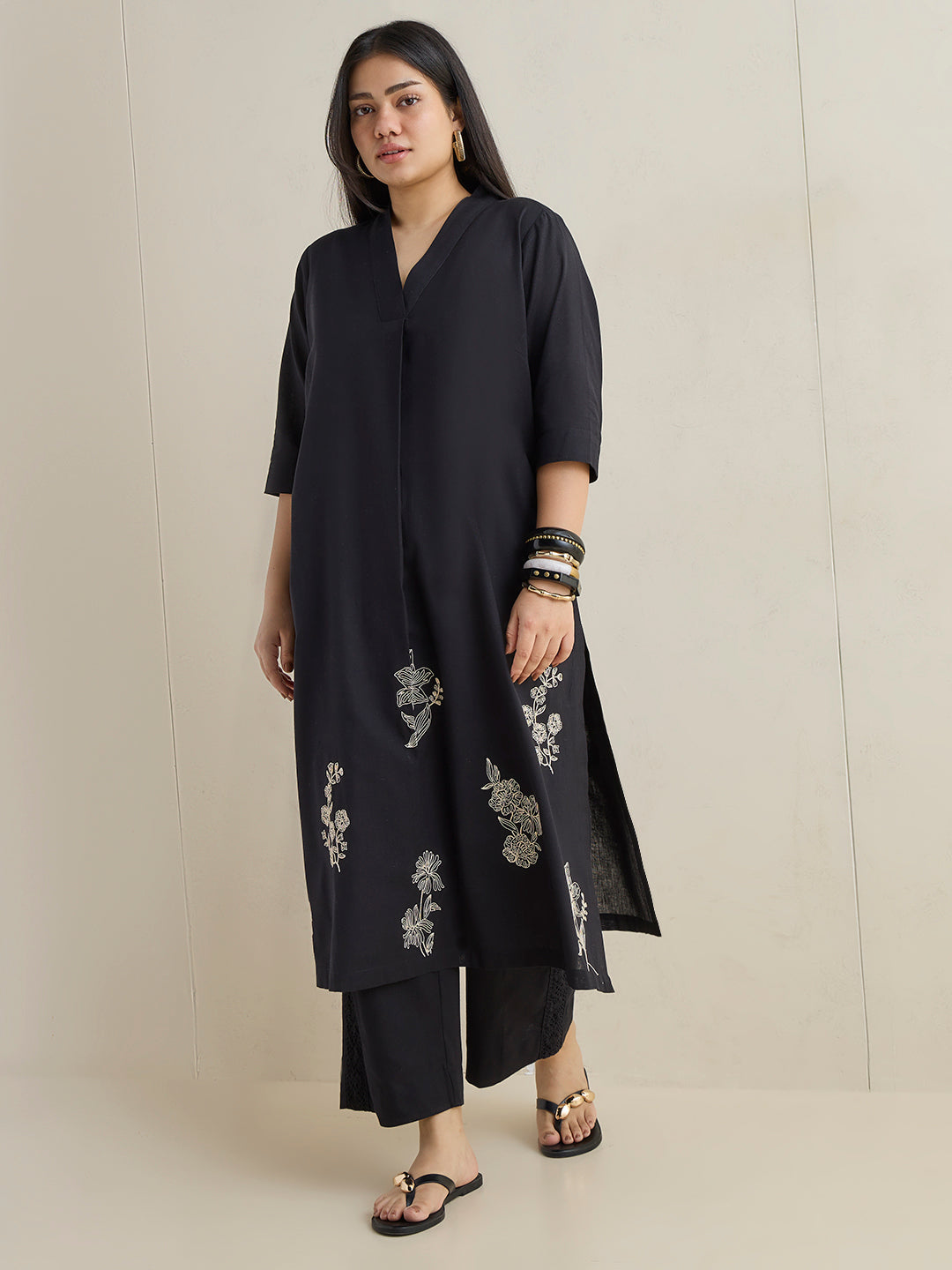 Diza Black Embroidered Cotton-Blend A-Line Kurta